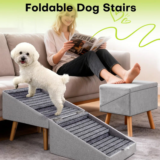 17'' Dog Stairs Ramp for Couch | Wooden Ottoman Ramp for Sofa or Short Bed | for Senior,Small, Medium Dogs, Dachshund | 2-In-1 Convertible Home Step Stool with Wood Foot