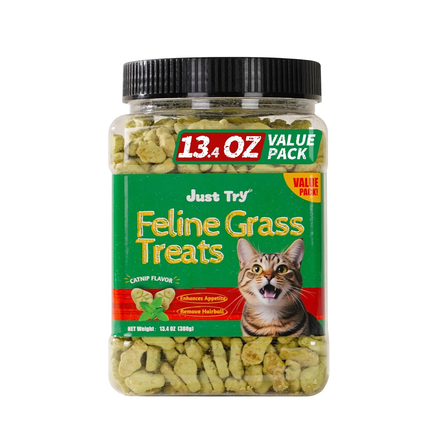 Just Try 2PCS Cat Grass Treats with Salmon & Catnip | Hairball Control and Training Treats | Teeth Cleaning Snack Reduce Plaque (13.4Oz, Salmon & Catnip Flavor)