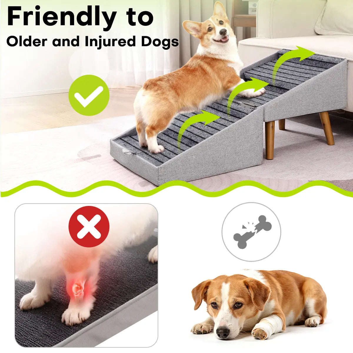 17'' Dog Stairs Ramp for Couch | Wooden Ottoman Ramp for Sofa or Short Bed | for Senior,Small, Medium Dogs, Dachshund | 2-In-1 Convertible Home Step Stool with Wood Foot