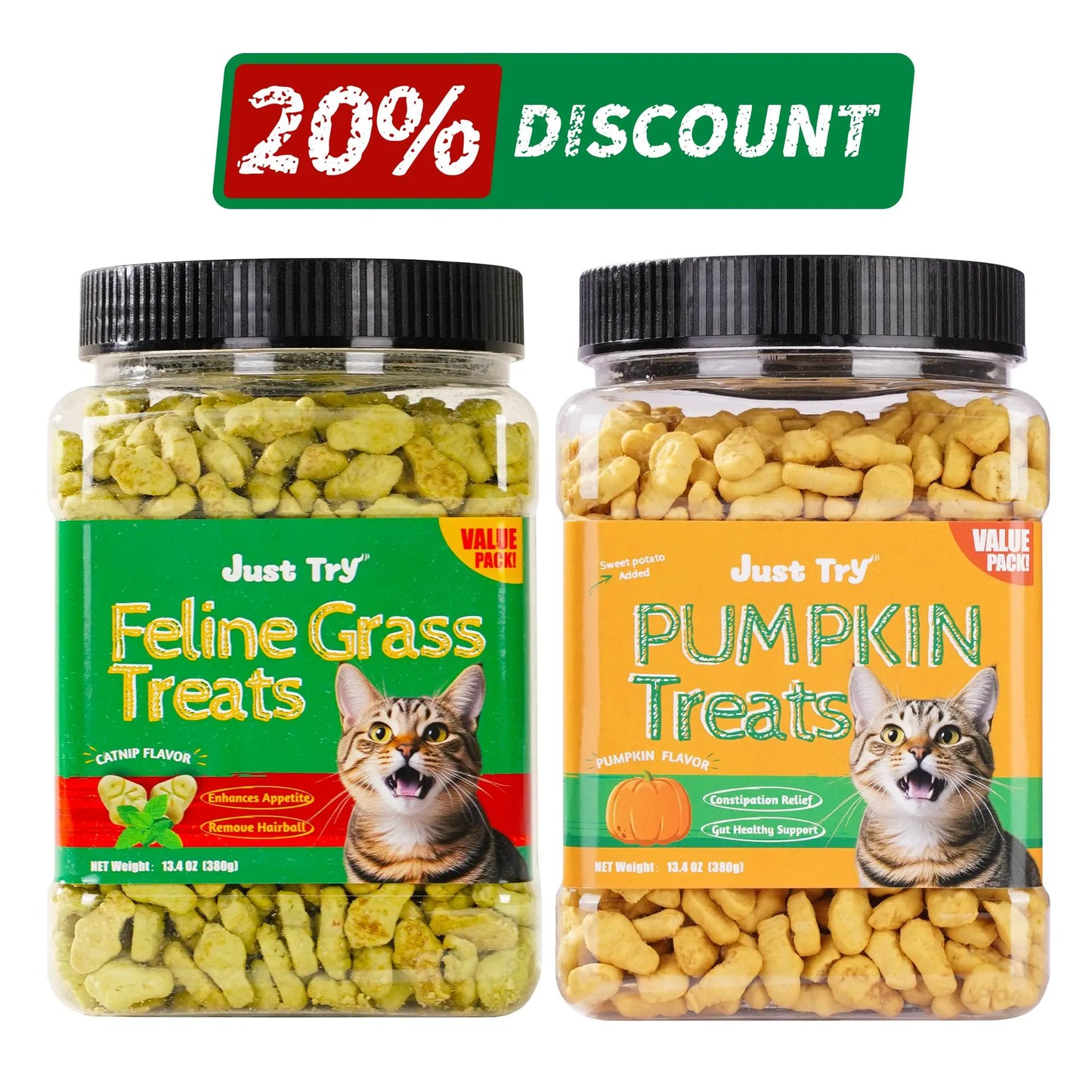 Just Try 2PCS Cat Grass Treats with Salmon & Catnip | Hairball Control and Training Treats | Teeth Cleaning Snack Reduce Plaque (13.4Oz, Salmon & Catnip Flavor)