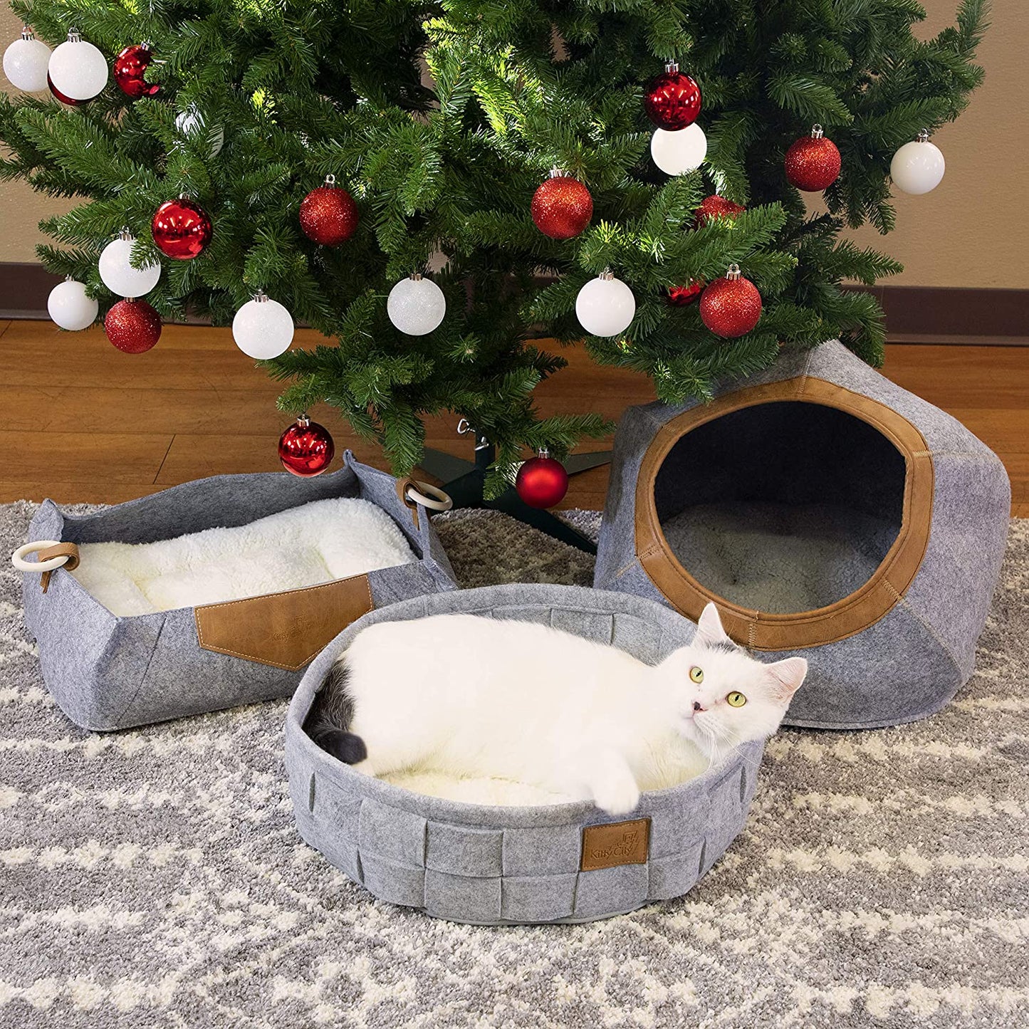 Large Faux Leather Trimmed Felt Cat Cave, Warm and Cozy Cat Bed, Gray, CM-10110-CS01