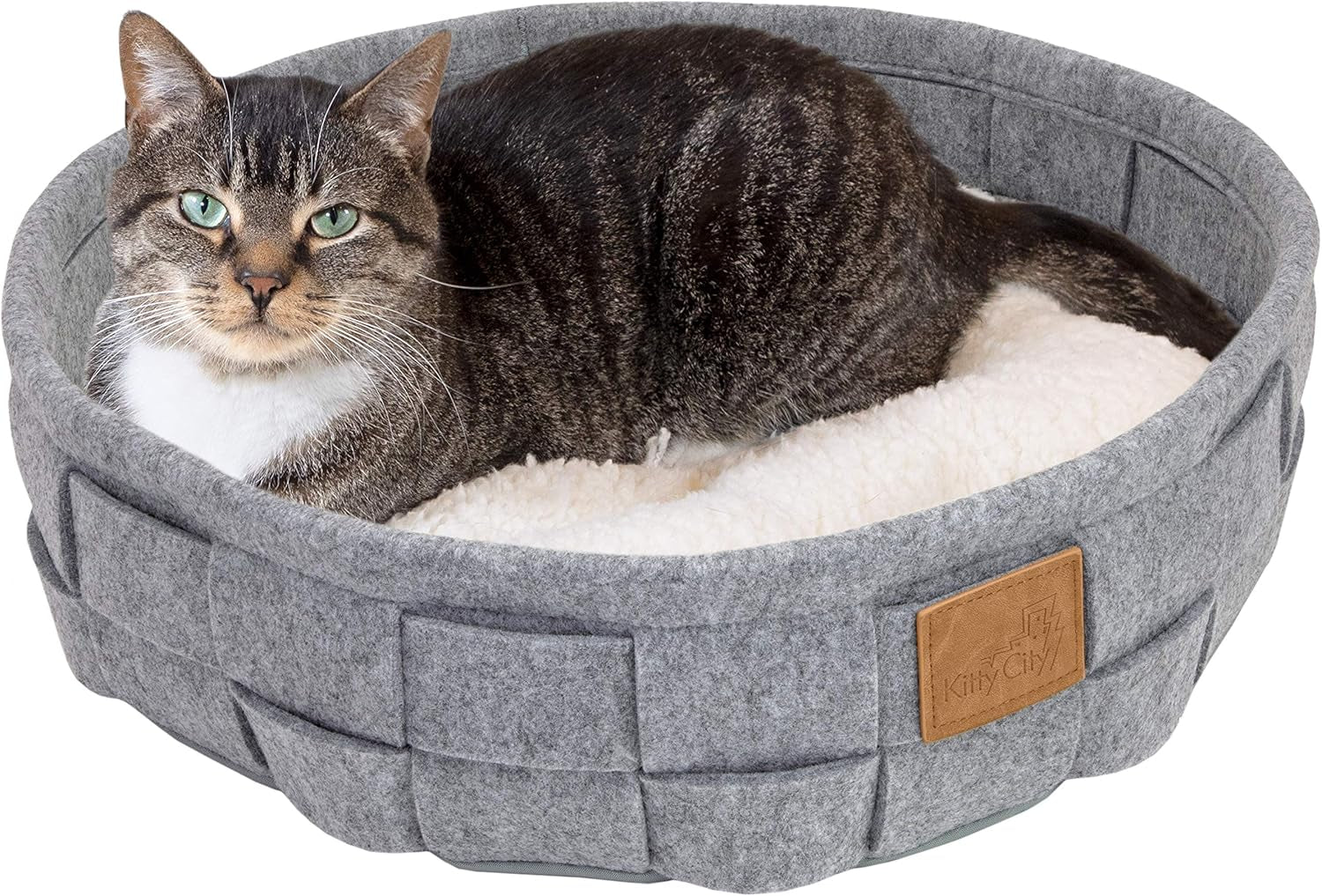 Large Faux Leather Trimmed Felt Cat Cave, Warm and Cozy Cat Bed, Gray, CM-10110-CS01