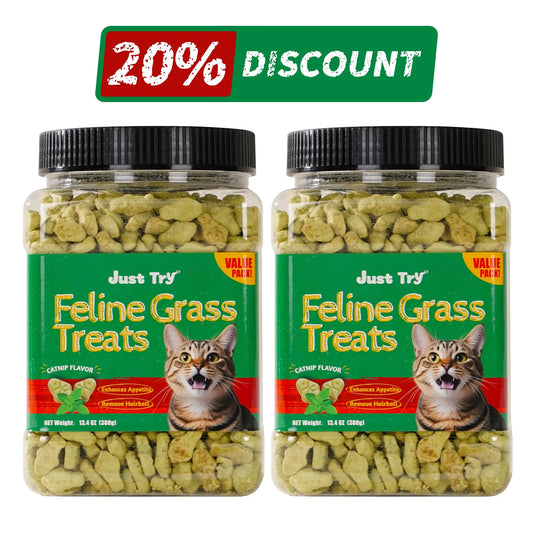 Just Try 2PCS Cat Grass Treats with Salmon & Catnip | Hairball Control and Training Treats | Teeth Cleaning Snack Reduce Plaque (13.4Oz, Salmon & Catnip Flavor)