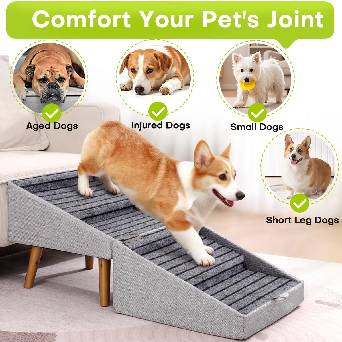 17'' Dog Stairs Ramp for Couch | Wooden Ottoman Ramp for Sofa or Short Bed | for Senior,Small, Medium Dogs, Dachshund | 2-In-1 Convertible Home Step Stool with Wood Foot