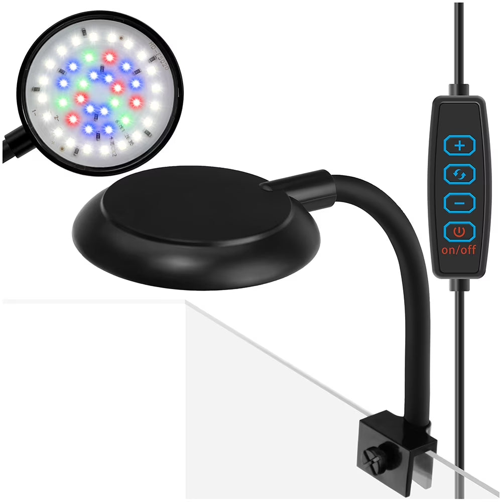 Mini Clip on Aquarium Light 7W Dimmable Small Fish Tank Light USB Moving Lamp with White Red Blue Green LED for 1 to 3 Gallon Tanks