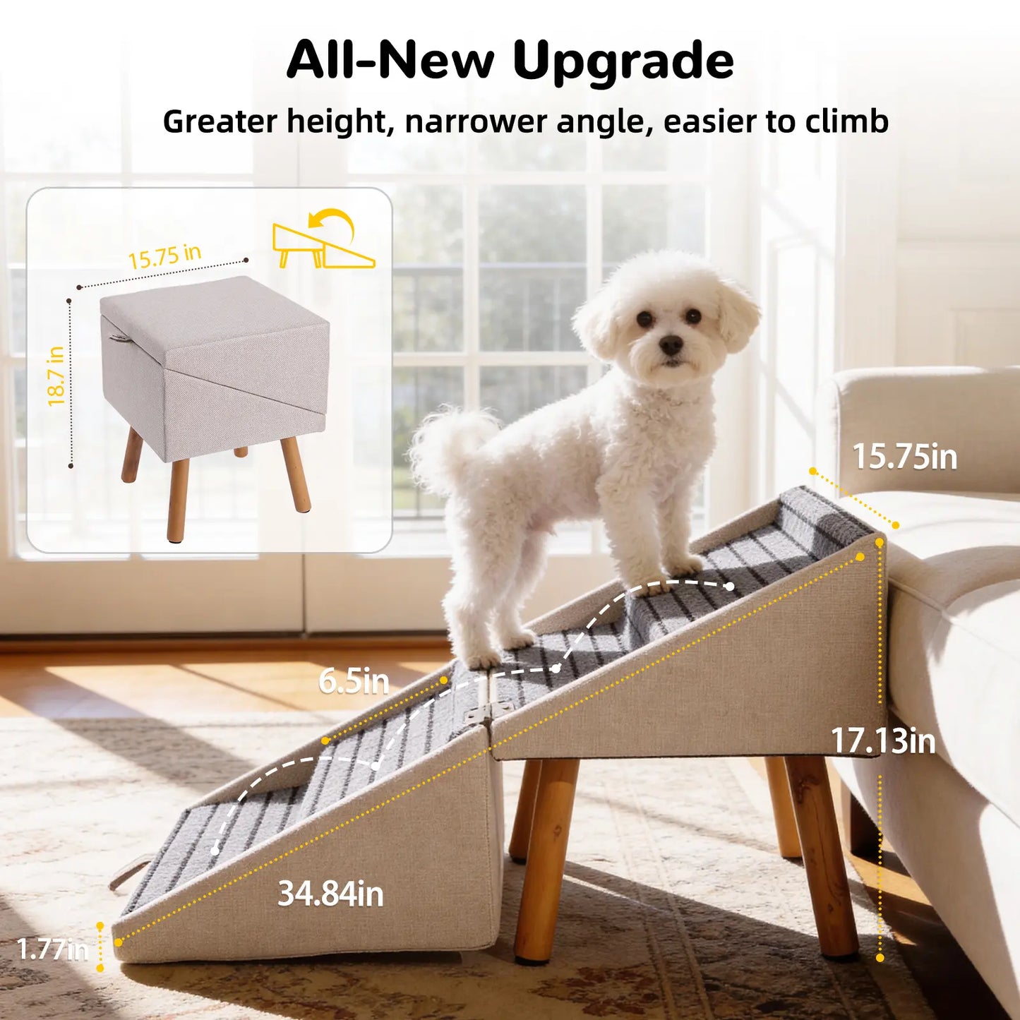 17'' Dog Stairs Ramp for Couch | Wooden Ottoman Ramp for Sofa or Short Bed | for Senior,Small, Medium Dogs, Dachshund | 2-In-1 Convertible Home Step Stool with Wood Foot