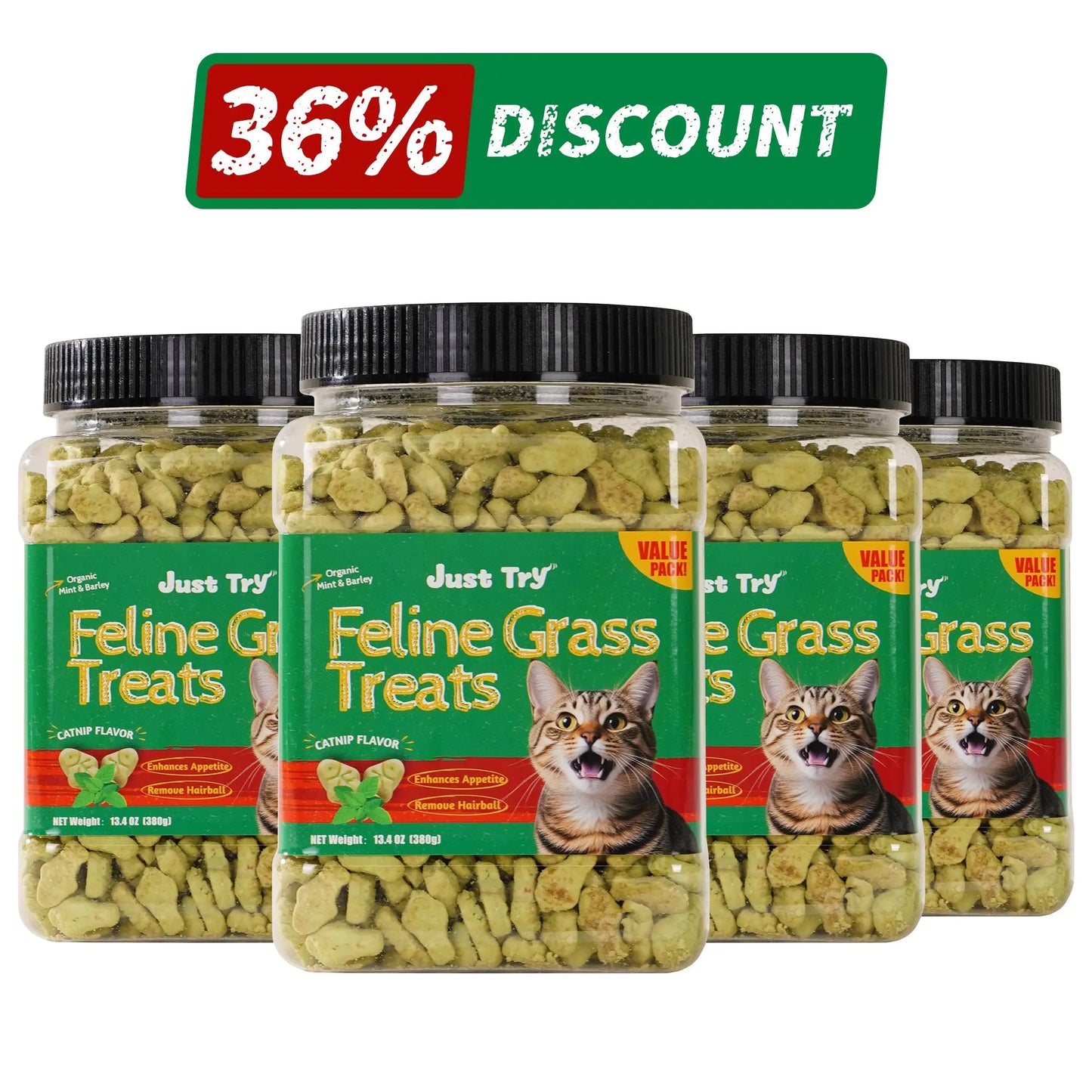 Just Try 2PCS Cat Grass Treats with Salmon & Catnip | Hairball Control and Training Treats | Teeth Cleaning Snack Reduce Plaque (13.4Oz, Salmon & Catnip Flavor)