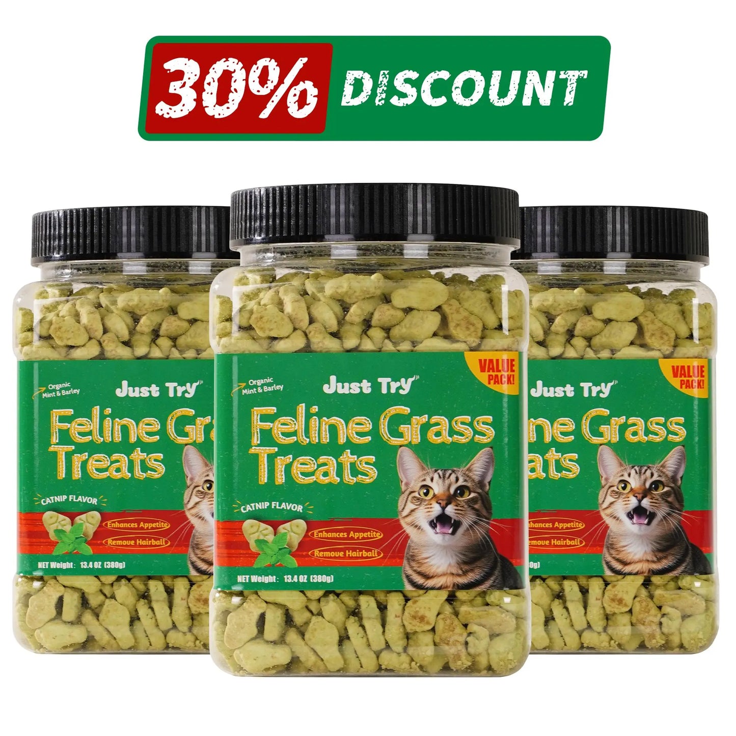 Just Try 2PCS Cat Grass Treats with Salmon & Catnip | Hairball Control and Training Treats | Teeth Cleaning Snack Reduce Plaque (13.4Oz, Salmon & Catnip Flavor)