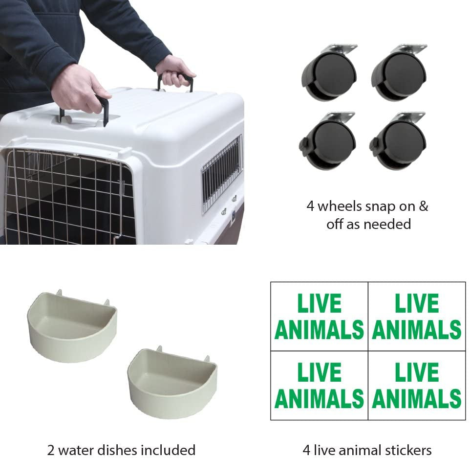 Sportpet Airline Compliant LARGE 28.75" Travel Dog Kennel-Durable Plastic Airline Pet Carrier W/ Removable Wheels & Food Bowls, Collapsible Indoor/Outdoor Dog Kennel, Dogs up to 28"L & 20"H-Cream/Gray
