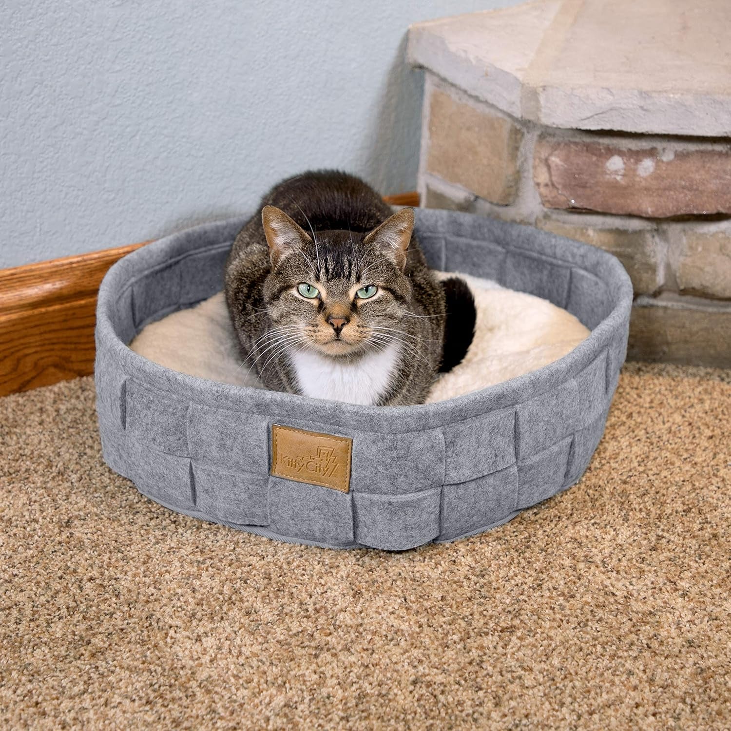 Large Faux Leather Trimmed Felt Cat Cave, Warm and Cozy Cat Bed, Gray, CM-10110-CS01