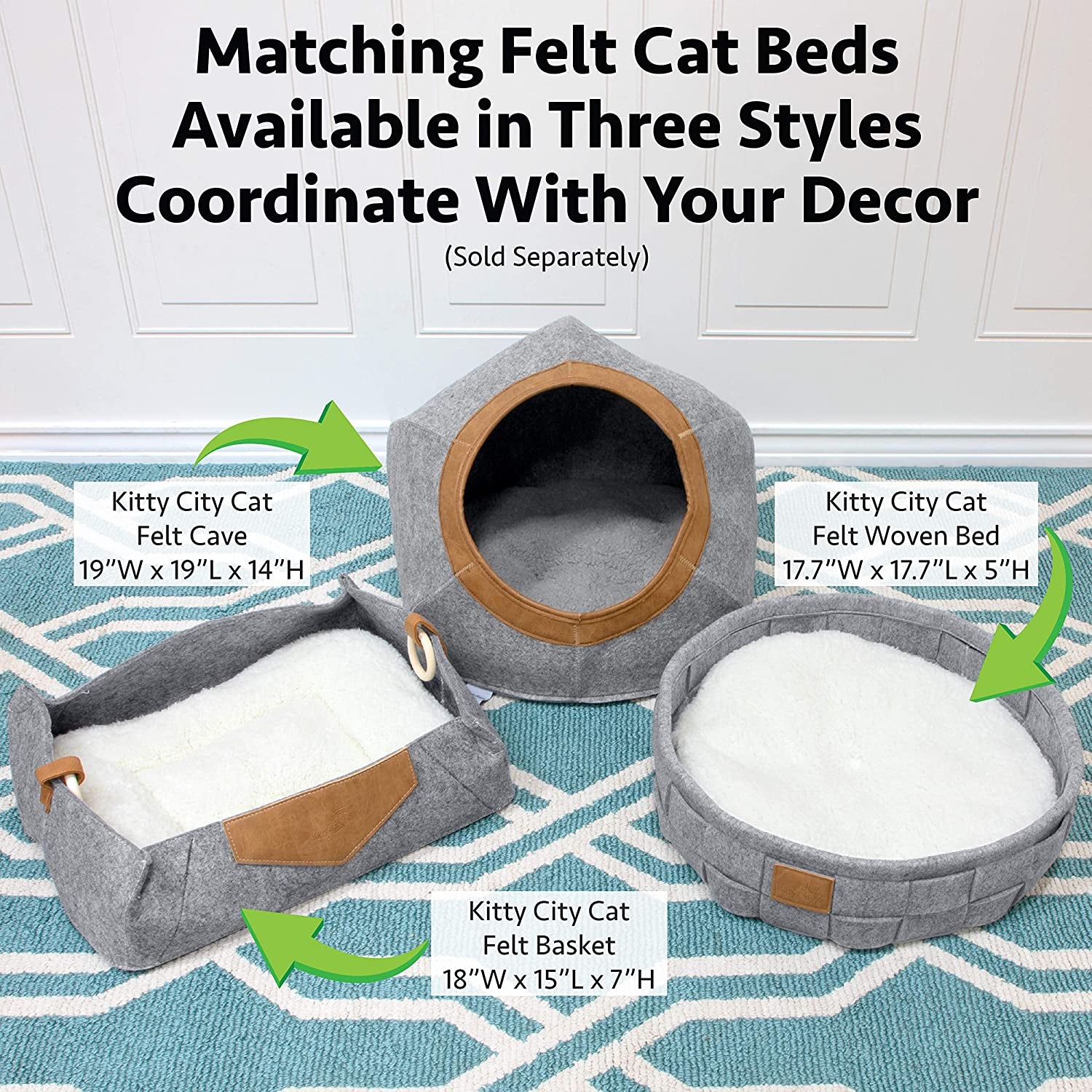 Large Faux Leather Trimmed Felt Cat Cave, Warm and Cozy Cat Bed, Gray, CM-10110-CS01