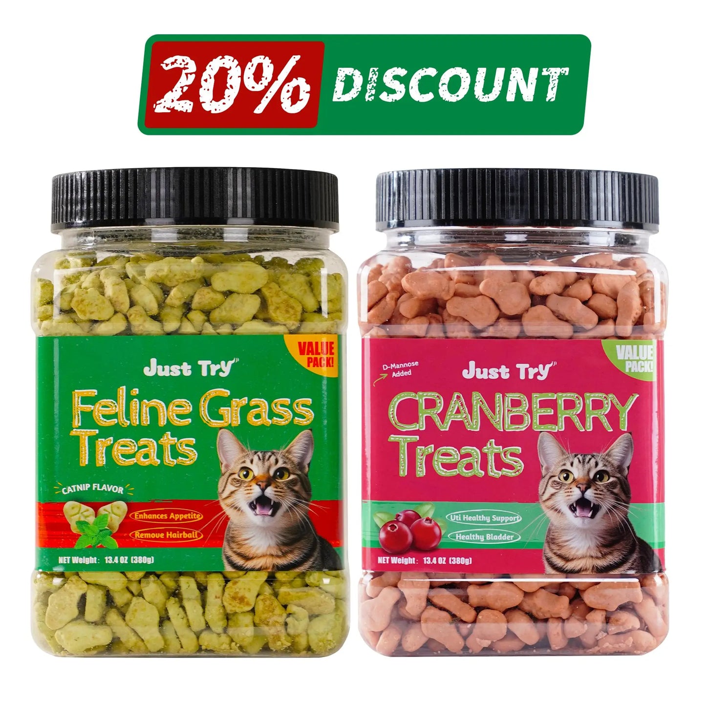 Just Try 2PCS Cat Grass Treats with Salmon & Catnip | Hairball Control and Training Treats | Teeth Cleaning Snack Reduce Plaque (13.4Oz, Salmon & Catnip Flavor)