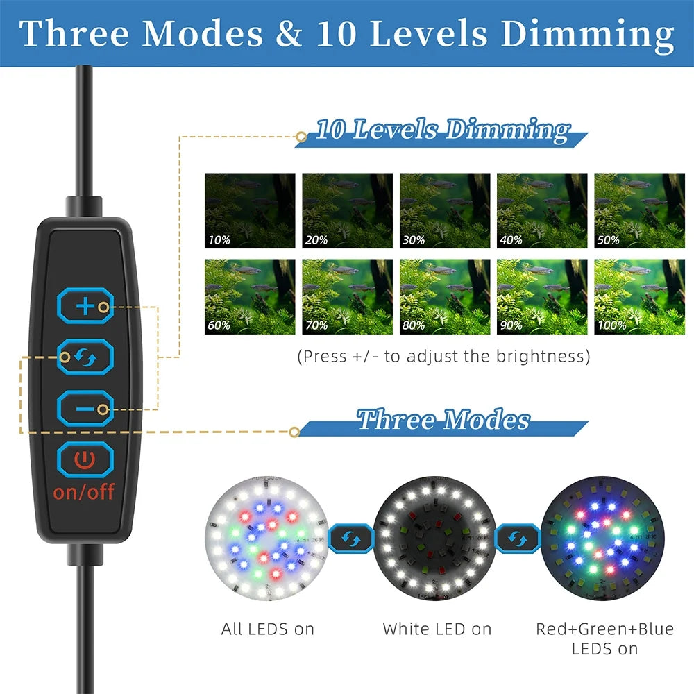Mini Clip on Aquarium Light 7W Dimmable Small Fish Tank Light USB Moving Lamp with White Red Blue Green LED for 1 to 3 Gallon Tanks