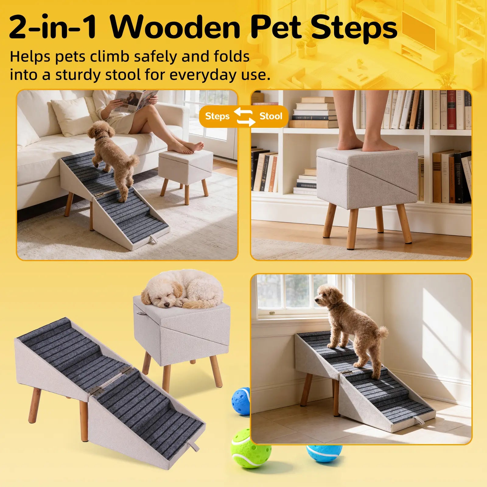 17'' Dog Stairs Ramp for Couch | Wooden Ottoman Ramp for Sofa or Short Bed | for Senior,Small, Medium Dogs, Dachshund | 2-In-1 Convertible Home Step Stool with Wood Foot